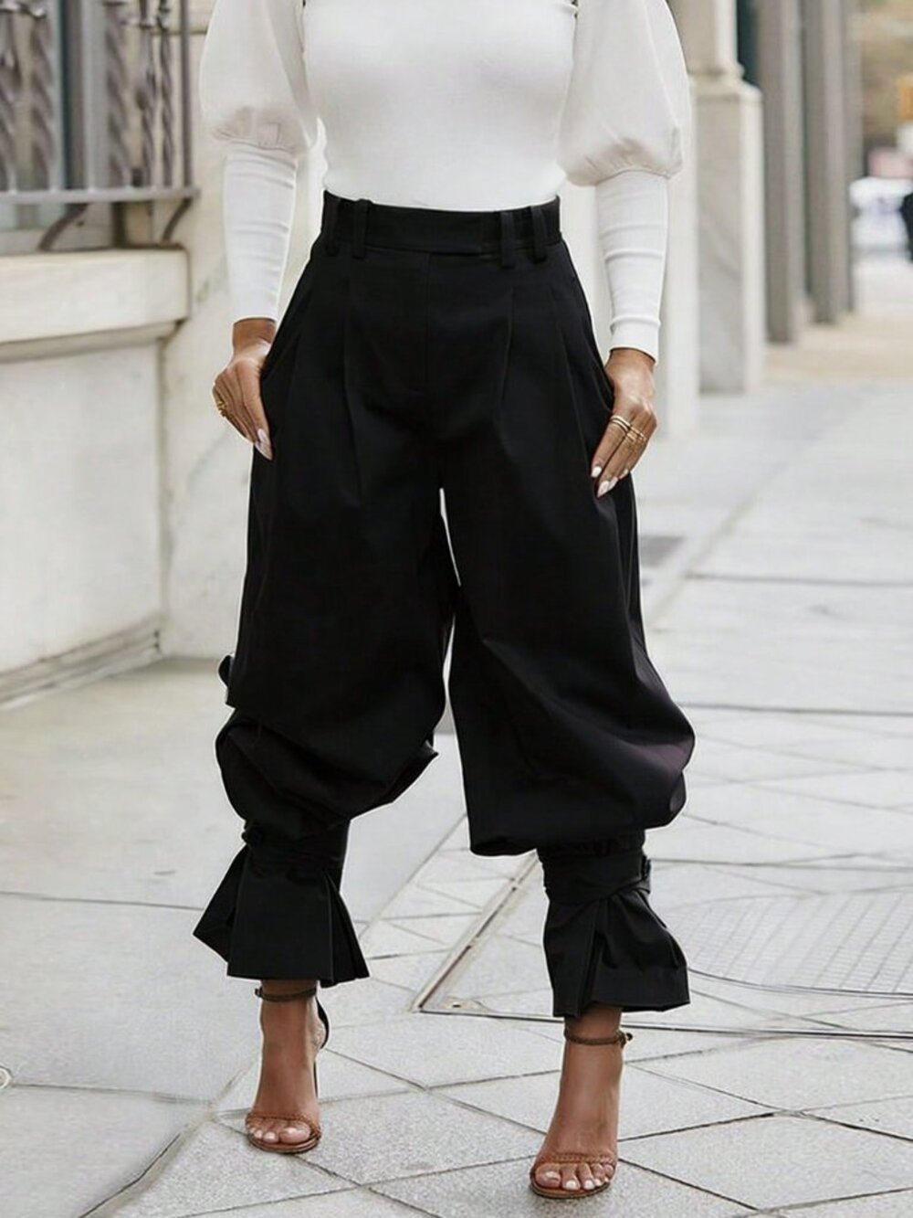 Black Casual Women's Elegant Ruffle Loose Leg Long Lantern Pants - Picture 3 of 5